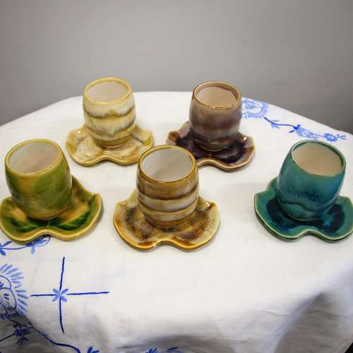 Japanese Style Studio Pottery Tea Cups & Saucers 5