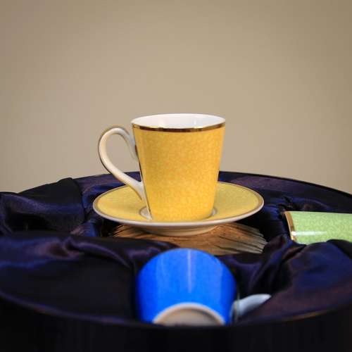 Boxed Royal Worcester Harlequin set of 4 Coffee cups and saucers