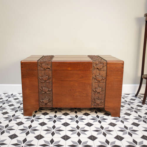 Camphorwood lined chest oriental carved linen trunk