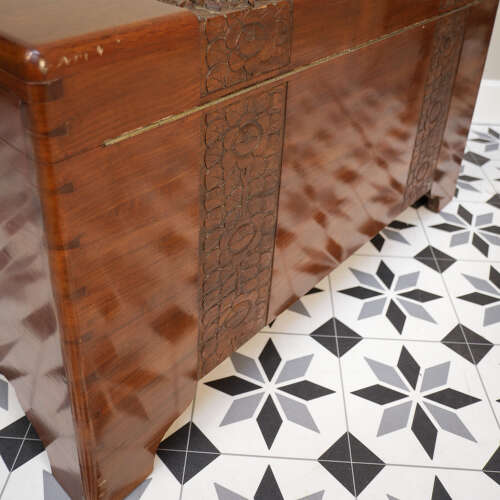 Camphorwood lined chest oriental carved linen trunk