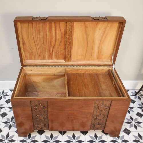 Camphorwood lined chest oriental carved linen trunk