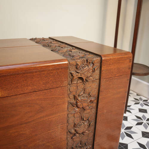Camphorwood lined chest oriental carved linen trunk