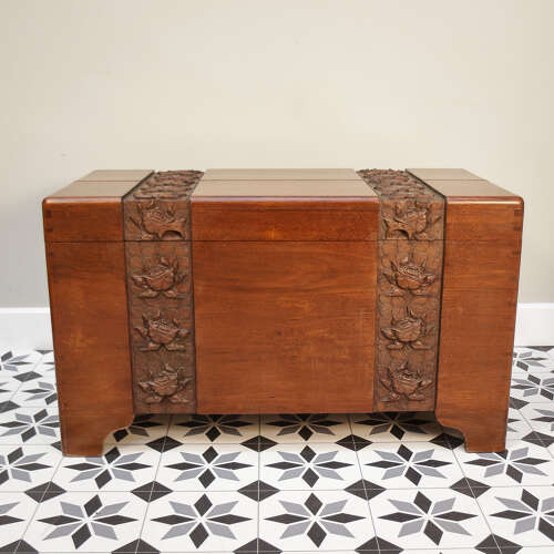 Camphorwood lined chest oriental carved linen trunk