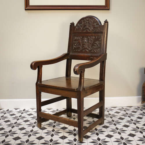 Wainscot Chair Oak 18th Century Hand Carved Back