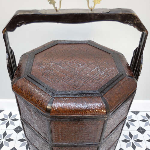 Antique Three tired Chinese Wicker Wedding Basket in an Octagonal Shape