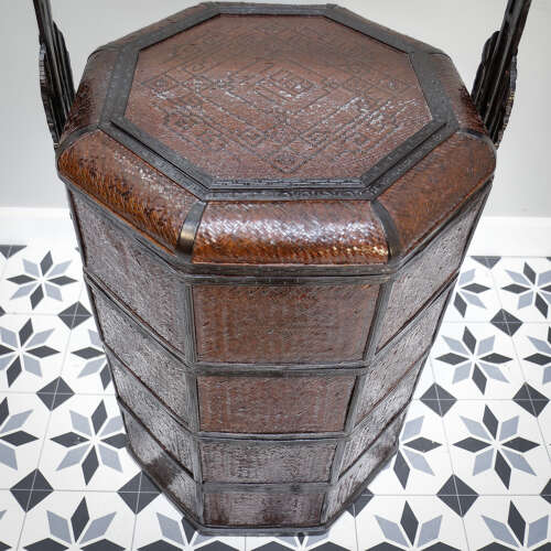 Antique Three tired Chinese Wicker Wedding Basket in an Octagonal Shape