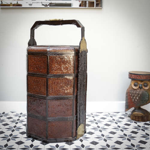 Antique Three tired Chinese Wicker Wedding Basket in an Octagonal Shape