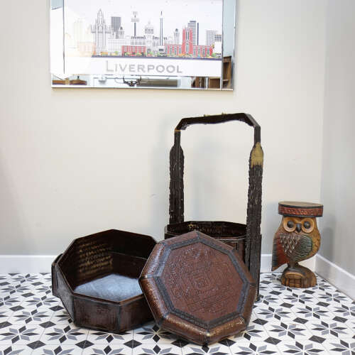 Antique Three tired Chinese Wicker Wedding Basket in an Octagonal Shape