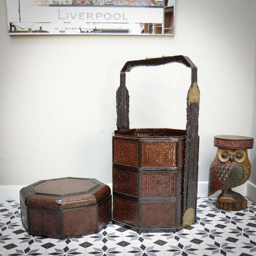 Antique Three tired Chinese Wicker Wedding Basket in an Octagonal Shape