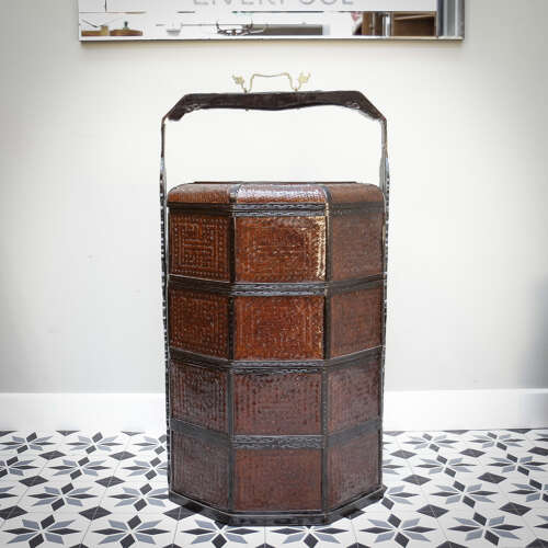 Antique Three tired Chinese Wicker Wedding Basket in an Octagonal Shape