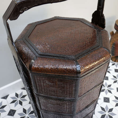 Antique Three tired Chinese Wicker Wedding Basket in an Octagonal Shape