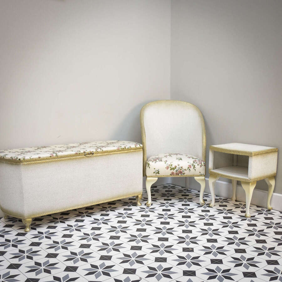 Lloyd Loom Ottoman Bedside Table and Chair Matching Set in White and Gold