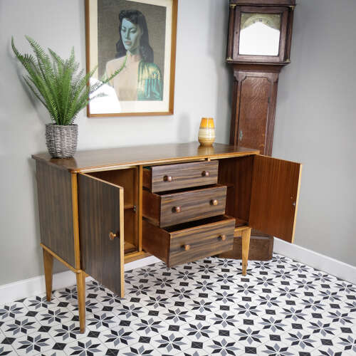 Teak Sideboard Concave Front in Afromosia and Indian Laurel Mid Century Retro