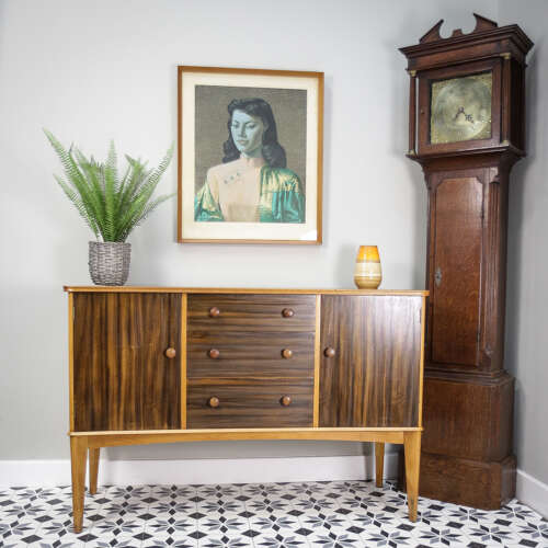 Teak Sideboard Concave Front in Afromosia and Indian Laurel Mid Century Retro