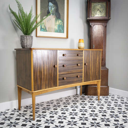 Teak Sideboard Concave Front in Afromosia and Indian Laurel Mid Century Retro
