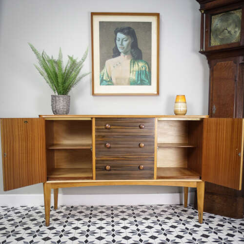 Teak Sideboard Concave Front in Afromosia and Indian Laurel Mid Century Retro