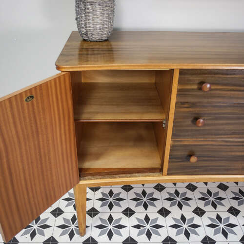 Teak Sideboard Concave Front in Afromosia and Indian Laurel Mid Century Retro