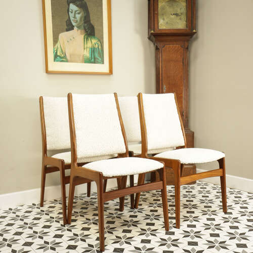 Teak Danish Style Dining Chairs in a Cotswold Cream Boucle Fabric Attr Erik Buch