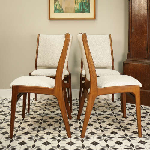 Teak Danish Style Dining Chairs in a Cotswold Cream Boucle Fabric Attr Erik Buch