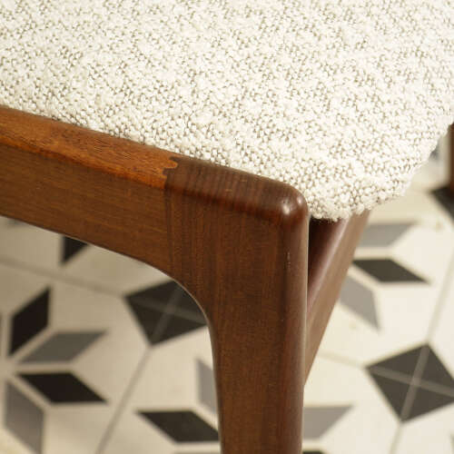 Teak Danish Style Dining Chairs in a Cotswold Cream Boucle Fabric Attr Erik Buch