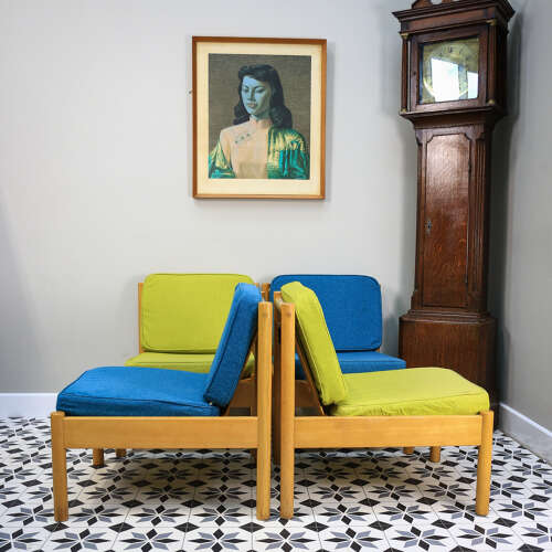 Ercol 747 Modular Lounge Chairs Set of 4 in Teal and Green.