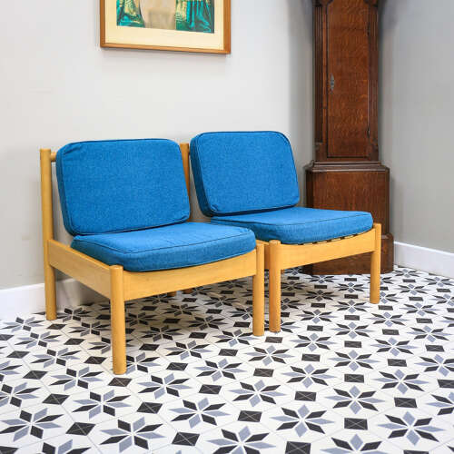 Ercol 747 Modular Lounge Chairs Set of 2 in a Teal Blue.