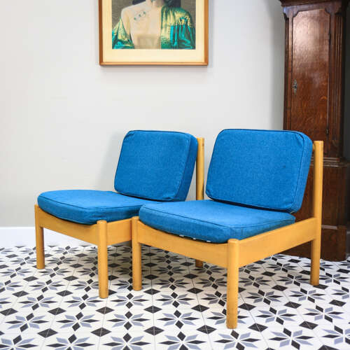 Ercol 747 Modular Lounge Chairs Set of 2 in a Teal Blue.