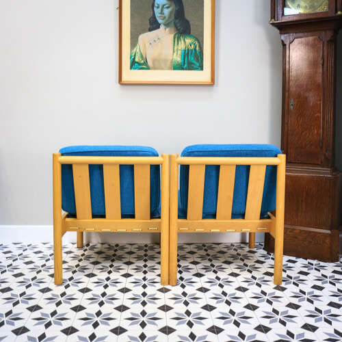 Ercol 747 Modular Lounge Chairs Set of 2 in a Teal Blue.
