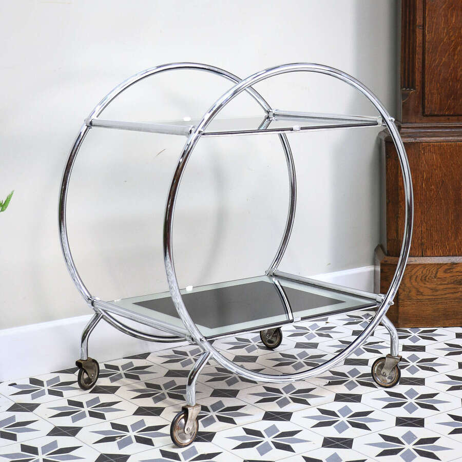 Art Deco Savoy Drinks Trolley in Chrome and Black Mirrored Glass