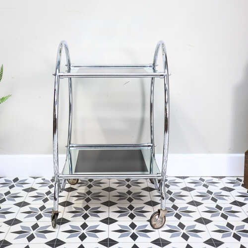 Art Deco Savoy Drinks Trolley in Chrome and Black Mirrored Glass