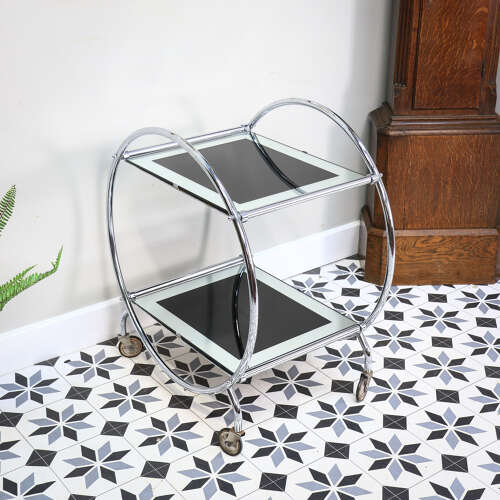 Art Deco Savoy Drinks Trolley in Chrome and Black Mirrored Glass