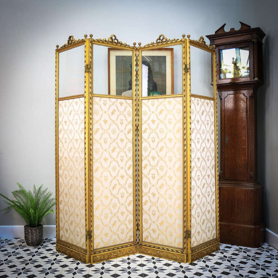 Folding Screen Room Divider Gilt Wood French Empire Style Paravent Silk and Glass