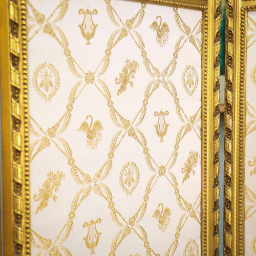 Folding Screen Room Divider Gilt Wood French Empire Style Paravent Silk and Glass
