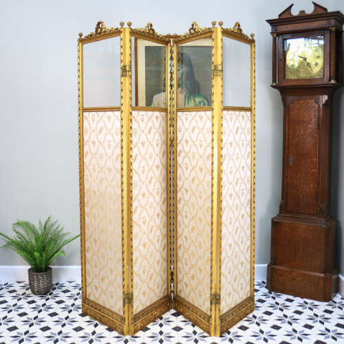 Folding Screen Room Divider Gilt Wood French Empire Style Paravent Silk and Glass