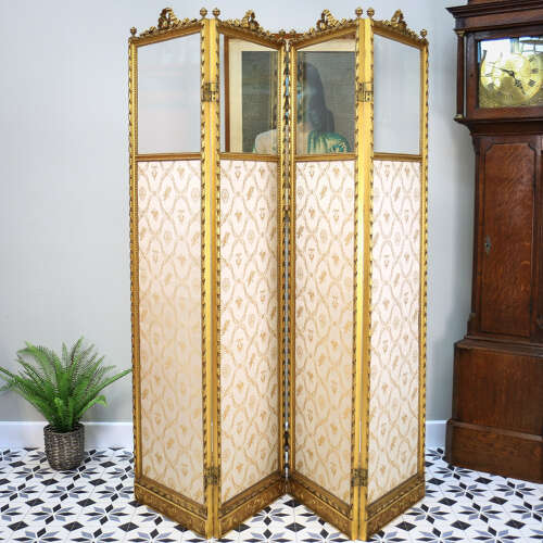 Folding Screen Room Divider Gilt Wood French Empire Style Paravent Silk and Glass