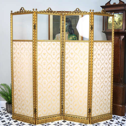 Folding Screen Room Divider Gilt Wood French Empire Style Paravent Silk and Glass