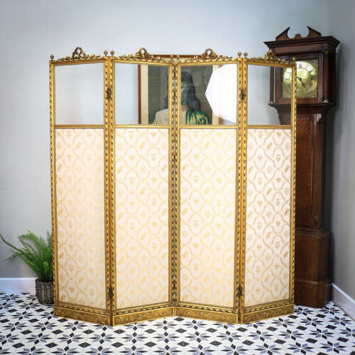 Folding Screen Room Divider Gilt Wood French Empire Style Paravent Silk and Glass