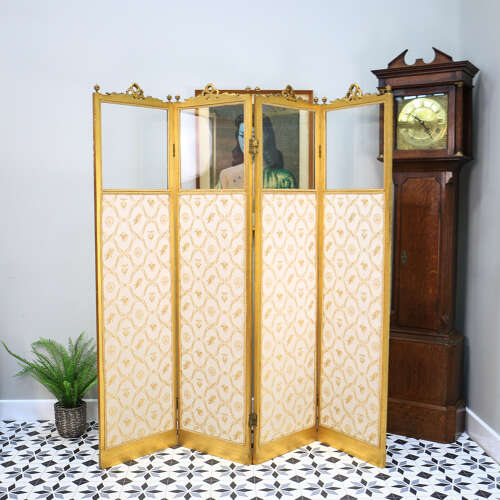 Folding Screen Room Divider Gilt Wood French Empire Style Paravent Silk and Glass