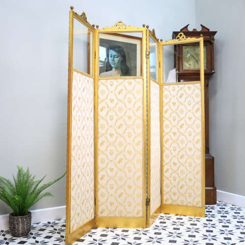 Folding Screen Room Divider Gilt Wood French Empire Style Paravent Silk and Glass