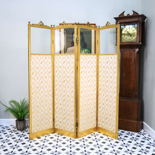 Folding Screen Room Divider Gilt Wood French Empire Style Paravent Silk and Glass