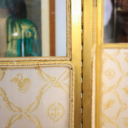 Folding Screen Room Divider Gilt Wood French Empire Style Paravent Silk and Glass
