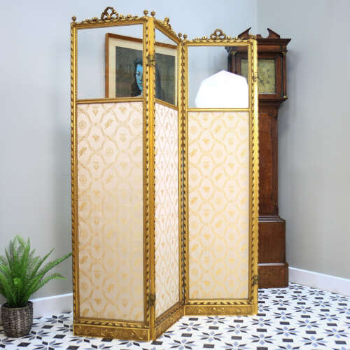 Folding Screen Room Divider Gilt Wood French Empire Style Paravent Silk and Glass