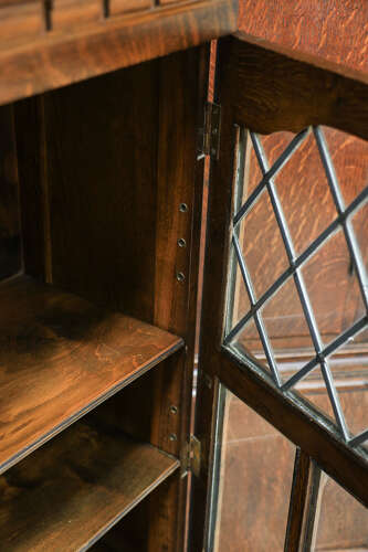 Oak Bookcase Bureau with Leaded Glazed Doors and Drop Down Front
