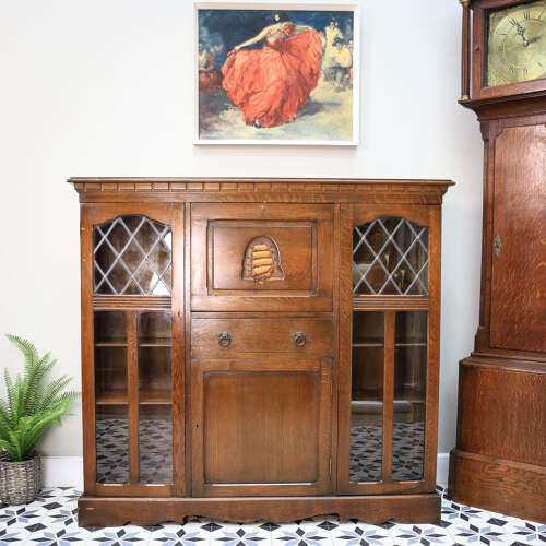 Oak Bookcase Bureau with Leaded Glazed Doors and Drop Down Front