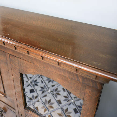 Oak Bookcase Bureau with Leaded Glazed Doors and Drop Down Front
