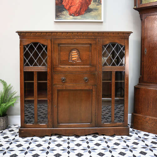 Oak Bookcase Bureau with Leaded Glazed Doors and Drop Down Front