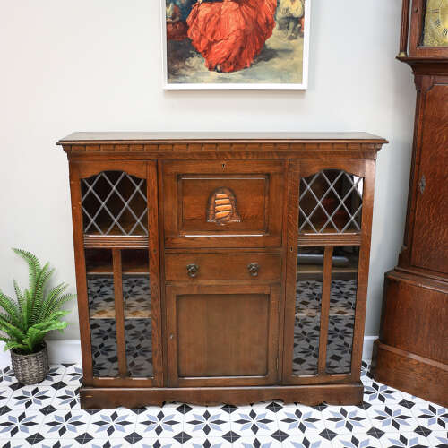 Oak Bookcase Bureau with Leaded Glazed Doors and Drop Down Front
