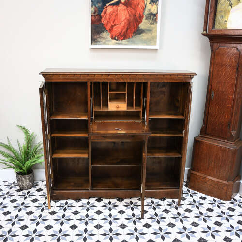 Oak Bookcase Bureau with Leaded Glazed Doors and Drop Down Front