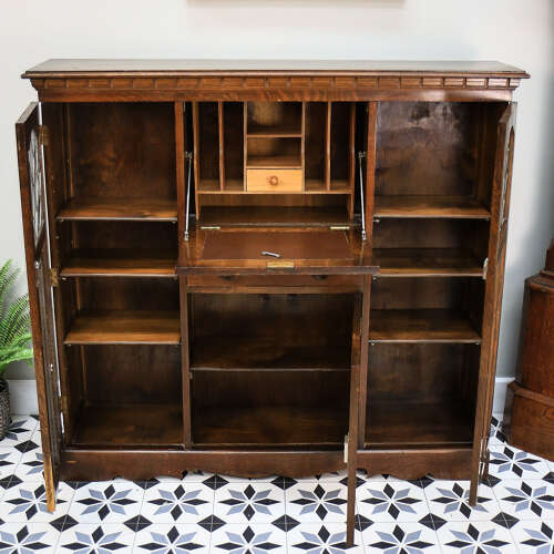 Oak Bookcase Bureau with Leaded Glazed Doors and Drop Down Front
