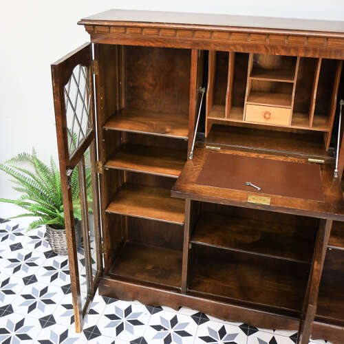 Oak Bookcase Bureau with Leaded Glazed Doors and Drop Down Front